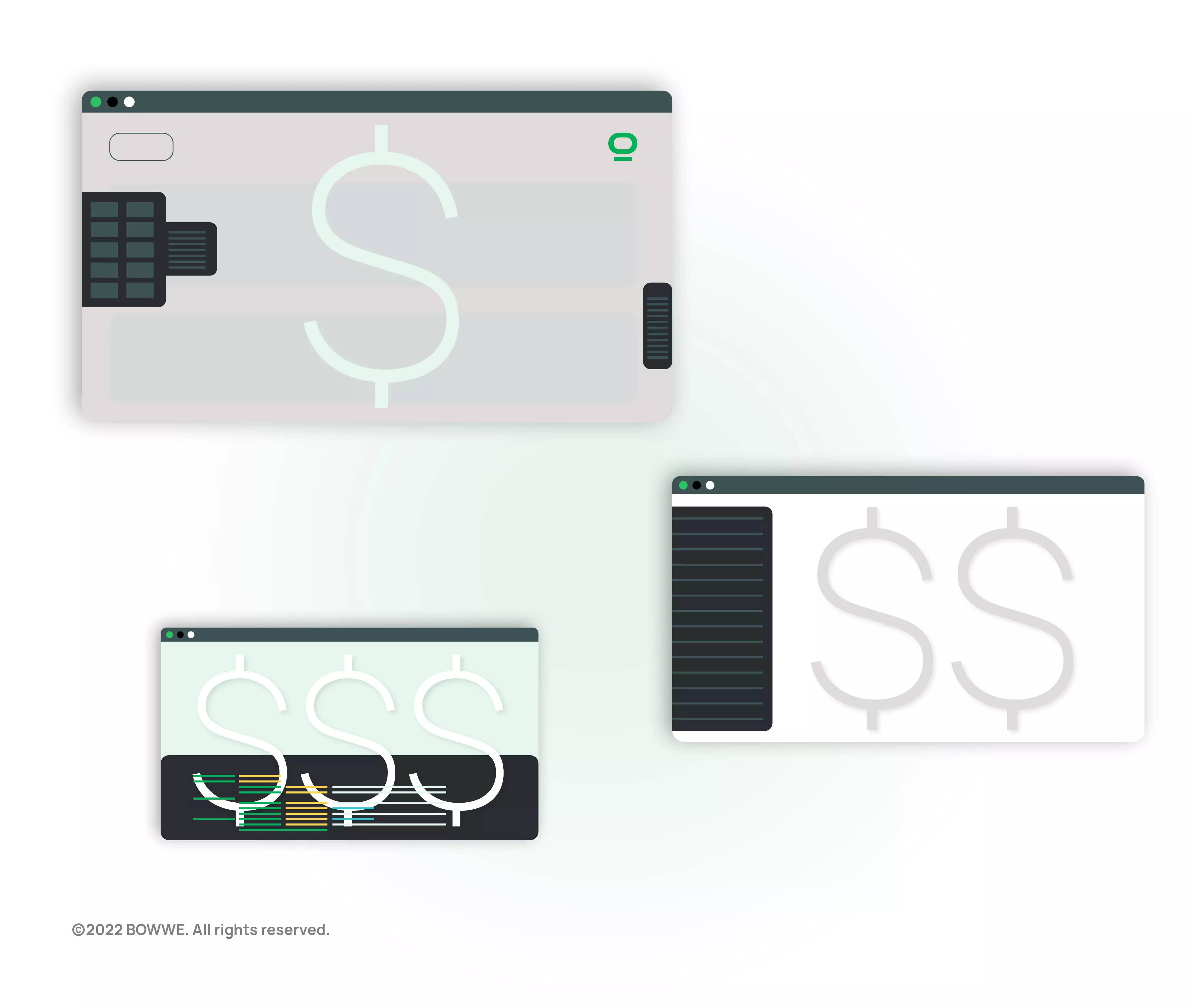 Janela de três navegadores em tamanhos diferentes e com ícones de dólar
